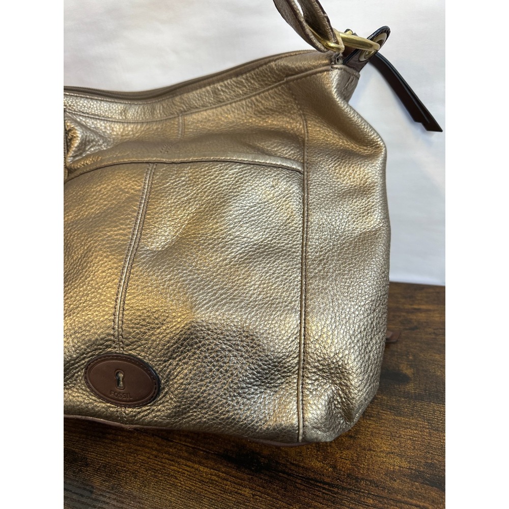 Fossil Metallic Bronze Pebbled Leather Utility Crossbody Bag Multi Pocket Large - Picture 16 of 16